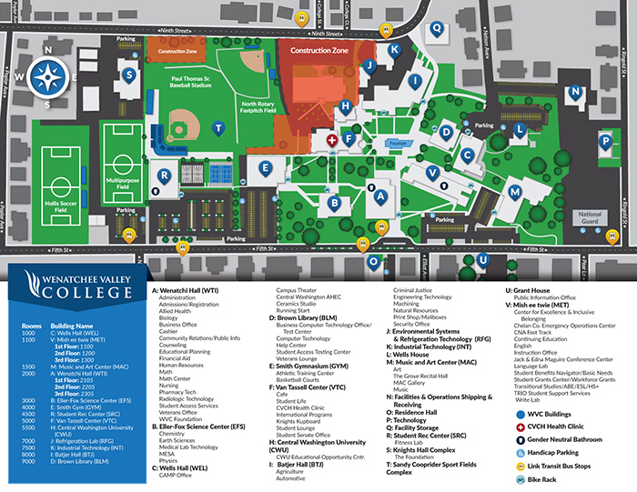 A map of the WVC Wenatchee campus with icons showing the location of bike racks.