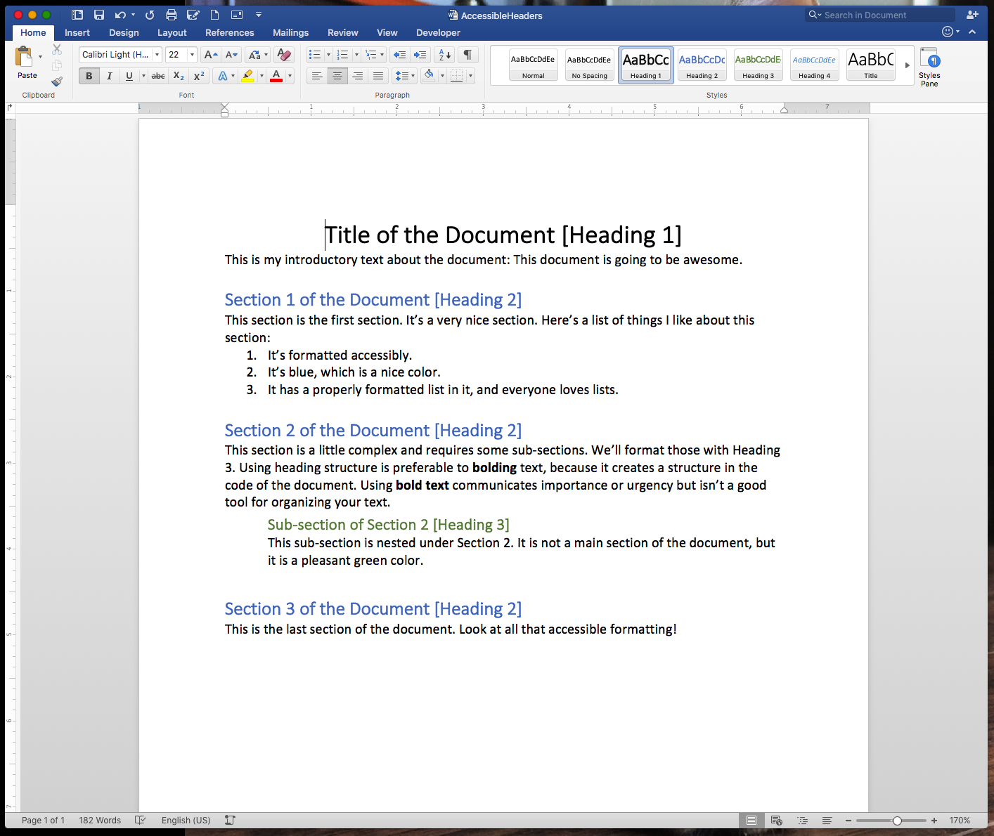 A screenshot of a Word document showing examples of correct headings