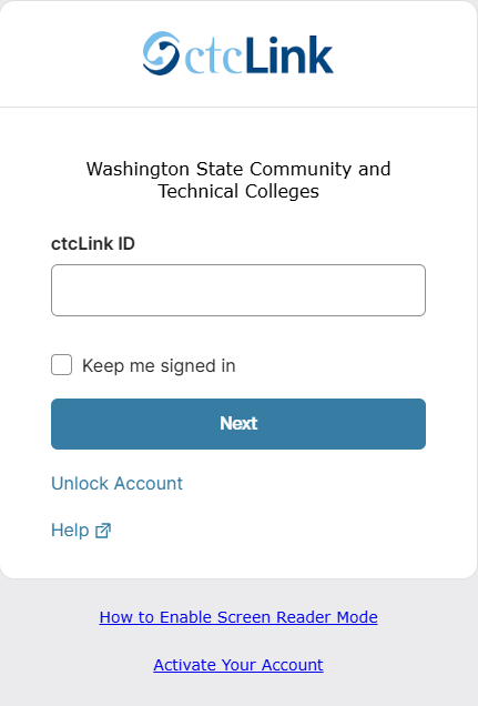 A screenshot of the ctcLink login page.