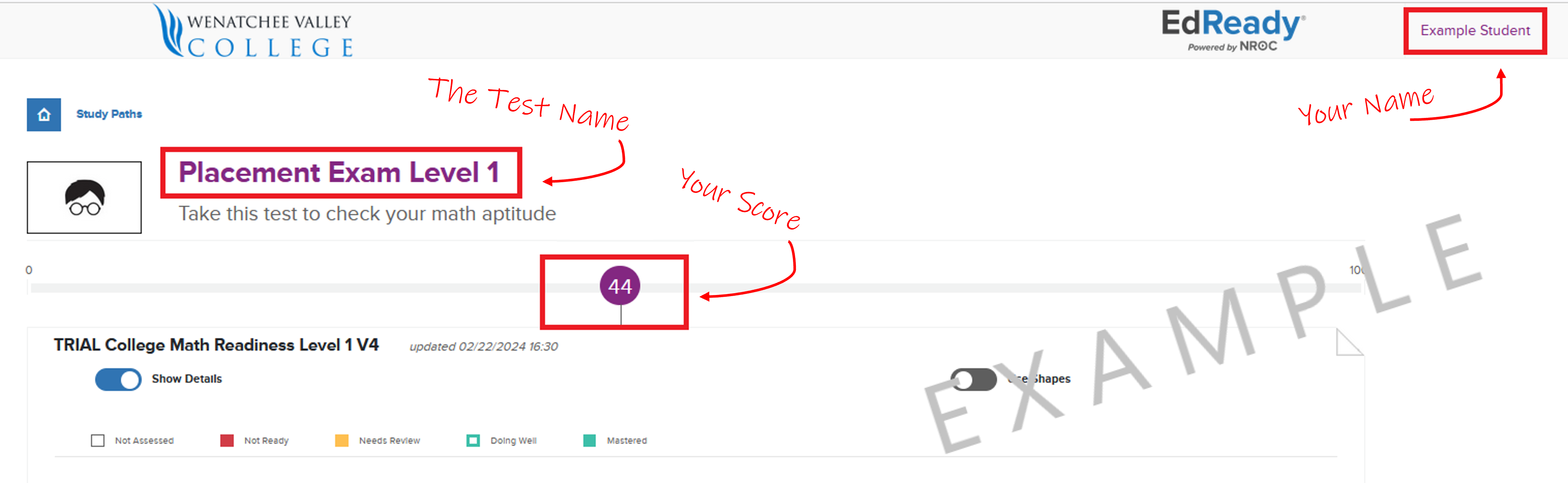 Example of score report screenshot showing a student's name, score, and the test level.