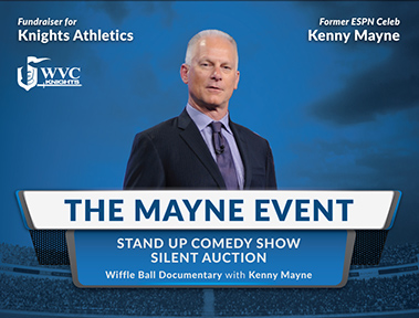 Flyer image of The Mayne event with a photo of Kenny Mayne in a suit, a background graphic of a football stadium, and white text with details of the event.