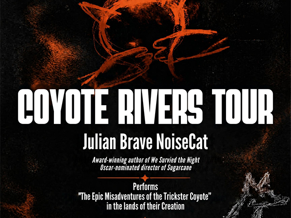 A black, orange, and white poster for the Coyote Rivers Tour events with chalk drawings of coyotes