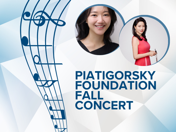 Photos of the two Piatigorsky Foundation musicians with a musical notes and geometric background.